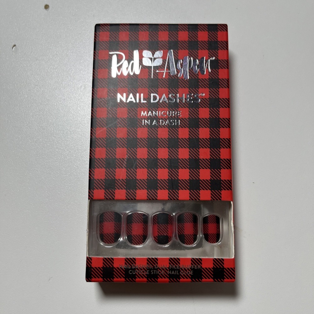 Red Aspen Nail Dashes- Nana's Nightgown NEW plaid Short nails Pop on Manicure